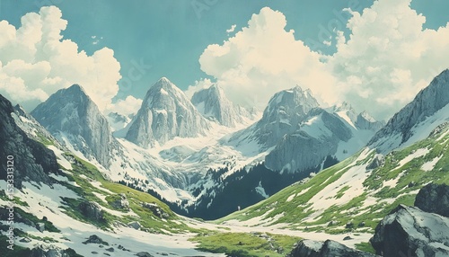 Majestic snow-capped mountains under a vibrant sky.