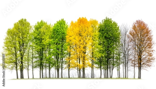 Row of trees showing seasonal color changes.