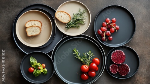 Elegantly arranged melamine plates showcase fresh ingredients with artisanal appeal on a textured surface