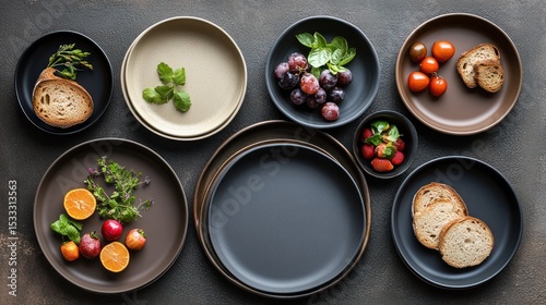 Elegant melamine plates elegantly showcasing fresh fruit and artisanal bread in a refined setting