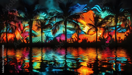 Colorful tropical scene reflected in a calm body of water.