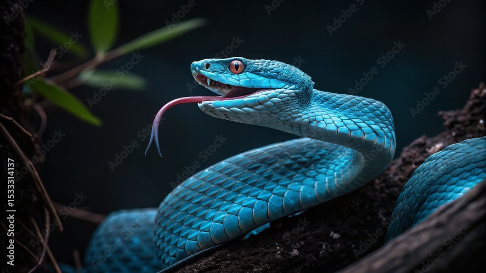 Fototapeta premium Blue pit viper close-up with tongue sticking out