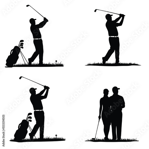 Golf Player Silhouettes with Bag and Couple Vector