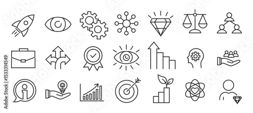 Business Strategy Line Icons Set – Vision, Growth, Leadership, and Analytics Symbols