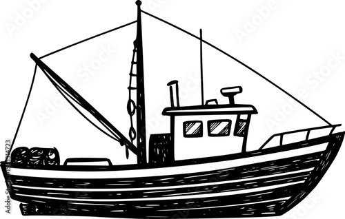 Silhouette of a Boat: A timeless silhouette of a sleek, compact boat cutting through the water. Its minimalist black and white design evokes a sense of adventure and freedom on the open sea. 