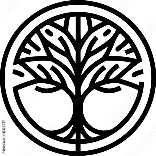 Abstract Tree of Life Symbol: A minimalist line art illustration of a stylized tree of life enclosed within a circle, representing growth, strength, and connection. The design is simple, elegant.