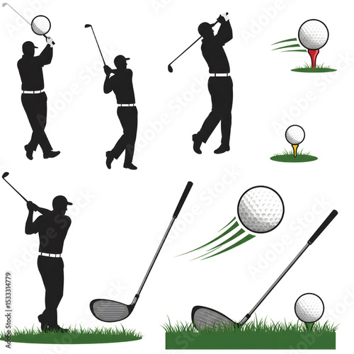 Golf Player Silhouettes with Clubs and Balls Vector Set