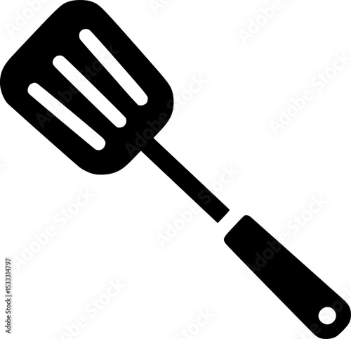 Black & White Spatula Icon: Simple and bold, this black and white icon of a spatula features a classic design with a wooden handle and a flat, slotted blade. Perfect for representing cooking.