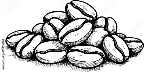 Aromatic Essence: A monochrome illustration of a small pile of meticulously drawn coffee beans, perfect for conveying concepts of morning rituals, energy boosts, and rich flavors.