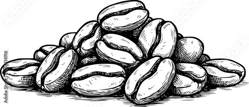 Aromatic Essence: A monochrome illustration of a small pile of meticulously drawn coffee beans, perfect for conveying concepts of morning rituals, energy boosts, and rich flavors.