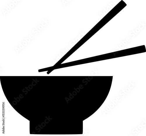 Simple Noodle Bowl Icon: A minimalist black and white icon depicting a bowl of noodles with chopsticks, perfect for restaurant menus, food blogs, and app interfaces.