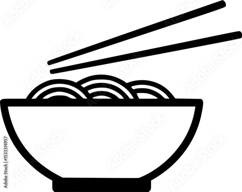 Simple Noodle Bowl Icon: A minimalist black and white icon depicting a bowl of noodles with chopsticks, perfect for restaurant menus, food blogs, and app interfaces.