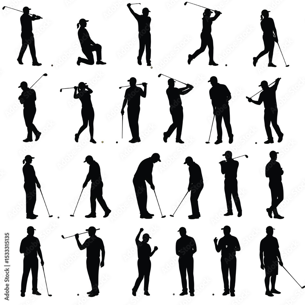 Obraz premium Golfers Male and Female Silhouette Poses Collection vector