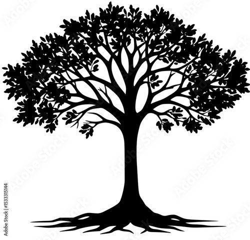 Stylized Tree of Life: A minimalist black and white illustration of a majestic tree, symbolizing growth, strength, and longevity. Its simple yet elegant design evokes a sense of peace and harmony.