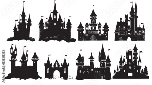  Princess Castle Vector Set , black silhouettes isolated on white background