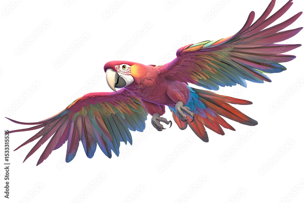 Obraz premium Scarlet Macaw in Flight, Wings Spread Wide, Transparent Background, Vivid Colors, Tropical Bird, Exotic Parrot, Detailed Feathers, Powerful Wings, Dynamic Pose, Isolated