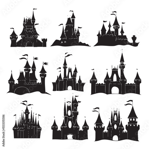  Princess Castle Vector Set , black silhouettes isolated on white background