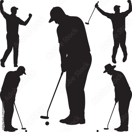 Male Golfer Putting and Celebrating Silhouettes vector