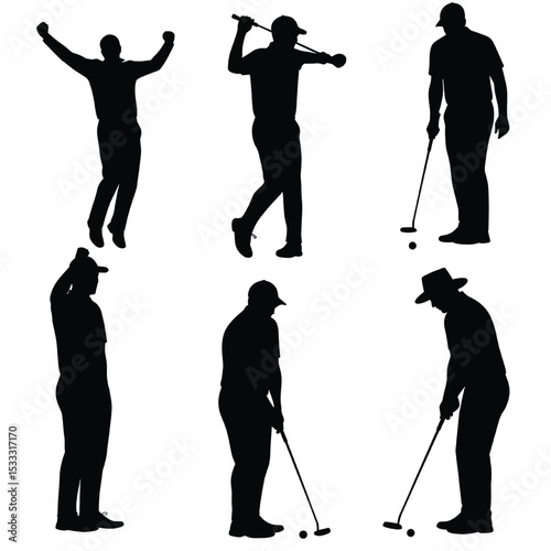 Male Golfer Silhouettes Playing and Celebrating Set