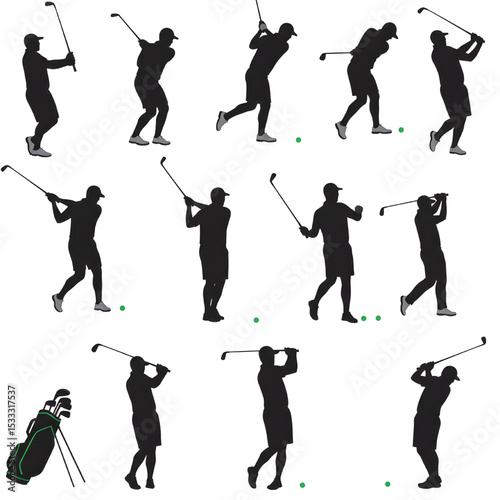 Male Golfer Silhouette Swing Sequence with Bag Vector