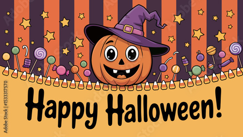 Delightful Halloween pumpkin design featuring candy and stars perfect for festive greetings cards and decorations