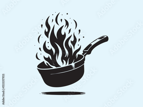 Dynamic silhouette of flames leaping from a pan, solid black shape for cooking icons