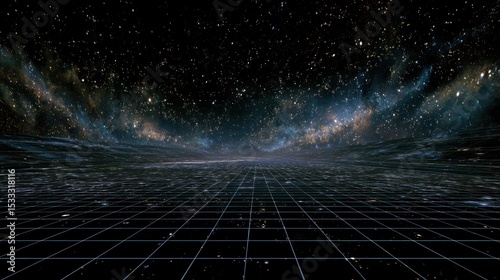 A digital landscape featuring a grid receding into a star filled cosmic background design