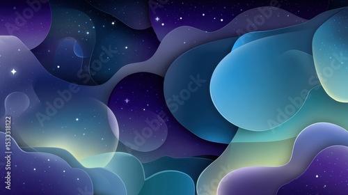 A dreamlike cosmic scene unfolds with layered shapes and a subtle starry field on a dark horizon.