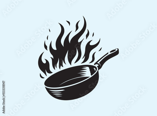Minimalist silhouette of a pan with explosive flame burst from the center