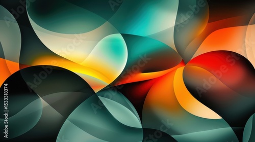 Abstract swirling design with dynamic layered curves of teal, orange, yellow and red coloration.