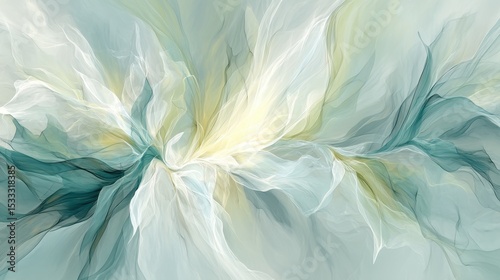 Abstract swirling filaments in delicate teal, white, and gold evoke a sense of ethereal motion.