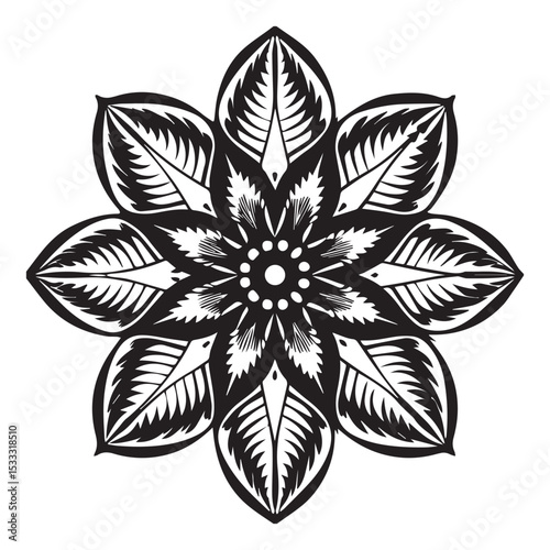 Vector black and white floral design with isolated flower, leaf, and petal elements, perfect for vintage nature illustrations or tattoo art