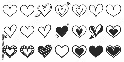 Collection of hand drawn hearts with different styles and orientations, some with arrows and filled shapes