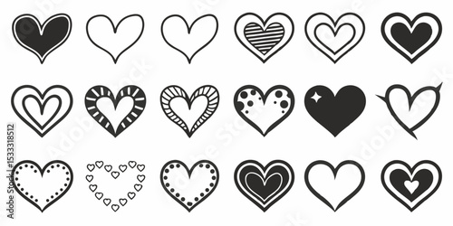 Collection of fifteen different hand drawn heart shapes in various styles and designs on a white background