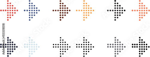Collection of dotted arrows pointing right in various colors and shades arranged in two rows on white