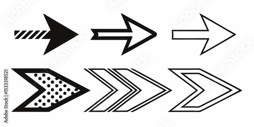 Collection of six different arrow designs pointing right with various fill patterns and outlines