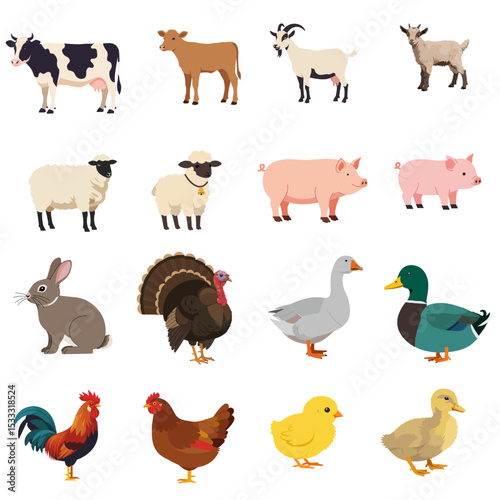 Farm Animals Vector Illustration Set, featuring Cow, Sheep, Pig, Duck, Chicken. Farm life, agriculture, education design elements