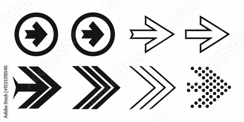 Collection of eight different arrow designs pointing right in black and white illustration format