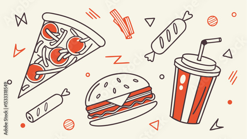 Illustration of pizza slice, burger, soda, and wrapped candies with red and black outlines on cream background