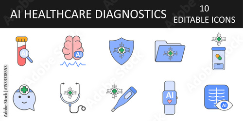 AI in Healthcare Diagnostics icon sheet showing smart x-ray, AI brain monitor, wearable tracker, chatbot assistant, AI blood analysis, medical folder, digital stethoscope, smart thermometer