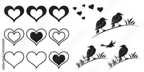 Assorted heart shapes and birds perched on branches with grass in a black and white vector illustration