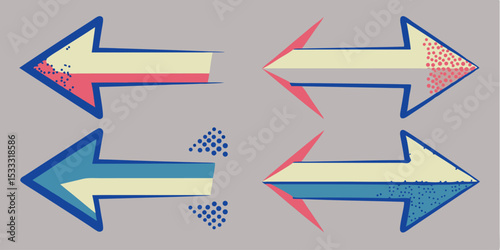 Colorful arrows pointing in opposite directions with dotted effects on a neutral gray background design