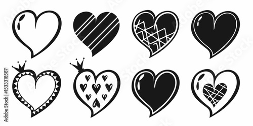 Collection of eight uniquely designed hearts in black and white with varied patterns and embellishments