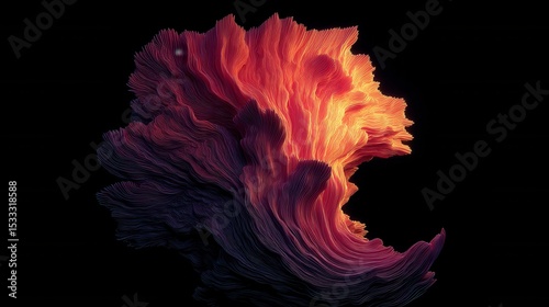 High-contrast, flowing abstract artwork featuring chaotic swirls of deep red and orange hues.