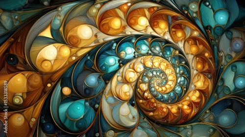 Golden and teal fractal spirals intertwine in a mesmerizing display of complex swirling patterns.
