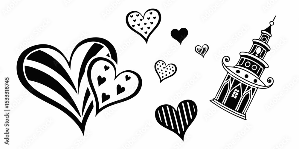 custom made wallpaper toronto digitalBlack and white graphic with assorted hearts and a stylized building on a white background design element
