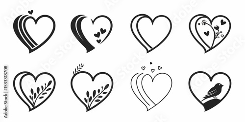 Wallpaper Mural Collection of eight heart illustrations with various decorative elements in black and white design style Torontodigital.ca