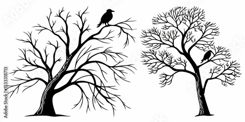 Wallpaper Mural Two bare trees with intricate branches and two birds perched on them in a monochrome illustration Torontodigital.ca