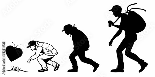 Wallpaper Mural Evolution of a person from picking up a heart to traveling with a backpack in black and white style Torontodigital.ca