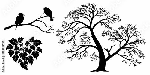 Wallpaper Mural Silhouette image featuring two birds on a branch, a leafy plant, and a large bare tree in black Torontodigital.ca